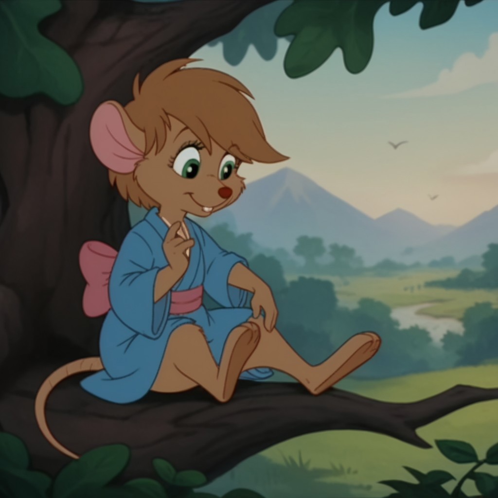 score_9, score_8_up, score_7_up, score_6_up, score_5_up, score_4_up, source_furry, abigailouafv2, semi-anthro, female, mouse, brown fur, green eyes, brown hair, short hair, kimono, sitting, outside