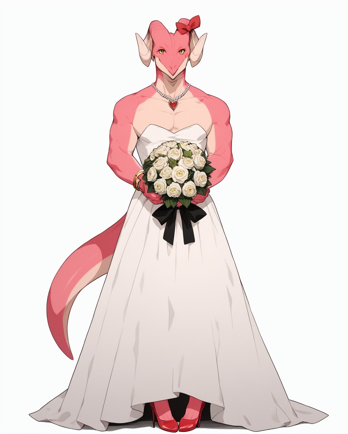score_9, score_8_up, score_7_up, score_6_up, score_5_up, score_4_up,
(Masterpiece), (Best Quality), (Hi Res),
source_furry,
<1boy:1.5>,
<solo:1.5>,
<pink skin:1.5>,
<pink body:1.5>,
vincent_falnail, falchan, greyscale, 1boy, male focus, solo, yellow eyes, horns, furry male, furry, simple background, white background,
lipstick,makeup,ribbon,nostrils,dragon,
legs,sexy legs,muscular legs,heels,red heels,
<full body:1.5>,
<body focus:1.5>,
<simple background:1.5>,
<white  background:1.5>,
<lora:Vincent_Falnail:1> vincent_falnail,
 <lora:90s4n1m3XLP:1> 90s4n1m3, dress,
wedding dress,
Wedding,
necklace,
chocker,
bracelets,
<white dress:1.5>,
gold,
silver,
holding flowers,
bouquet,