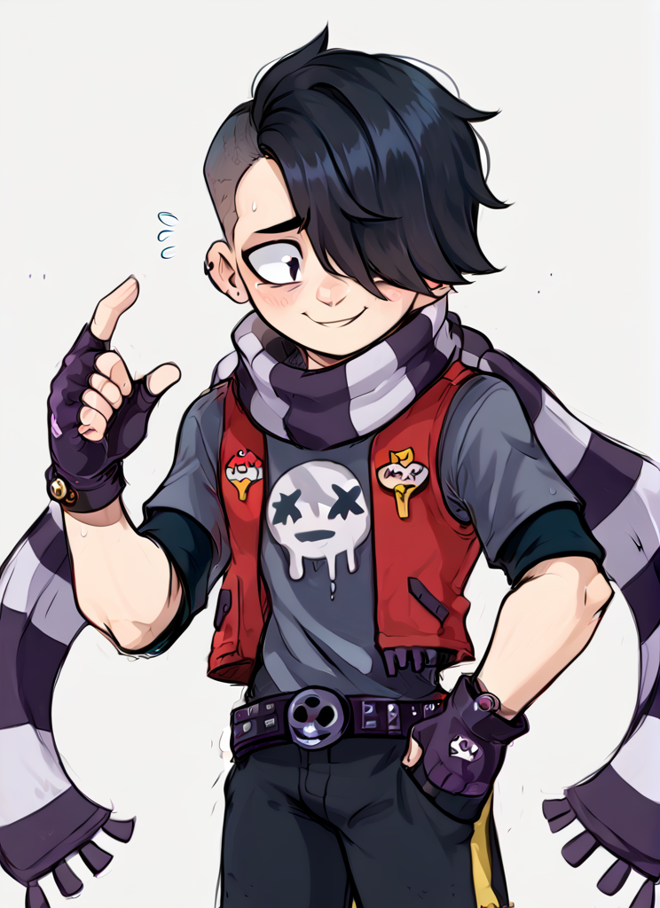 score_9, score_8_up, score_7_up,   <lora:bsedgar:1> ear bsedgar    , 1boy , short hair , black hair, hair over one eye,piercing, solo,striped scarf  ,red vest , grey shirt,  short sleeves, belt , black pants ,black gloves,   fingerless gloves, blush,  nervous smile,   <lora:Aer0Zer0_Artist_Style:1>