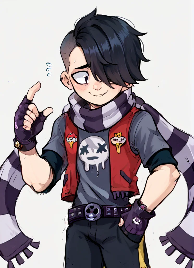 score_9, score_8_up, score_7_up, <lora:bsedgar:1> ear bsedgar , 1boy , short hair , black hair, hair over one eye,piercing, solo,striped scarf ,red vest , grey shirt, short sleeves, belt , black pants ,black gloves, fingerless gloves, blush, nervous smile, <lora:Aer0Zer0_Artist_Style:1>