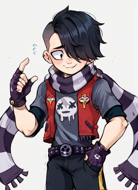 score_9, score_8_up, score_7_up, <lora:bsedgar:1> ear bsedgar , 1boy , short hair , black hair, hair over one eye,piercing, solo,striped scarf ,red vest , grey shirt, short sleeves, belt , black pants ,black gloves, fingerless gloves, blush, nervous smile, <lora:Aer0Zer0_Artist_Style:1>