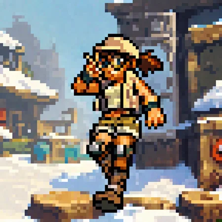 <lora:metalslugxl:1>, metalslugxl, pixelated, mspixel, score_9, score_8_up, score_7_up, (solo), 1girl, sexy, tan shorts_shorts, midriff, breasts, crop top, tan vest, tan hat, brown hair, ponytail, glasses, fio, boots, wristbands, full body, BREAK, snow background, short stack, slim, v