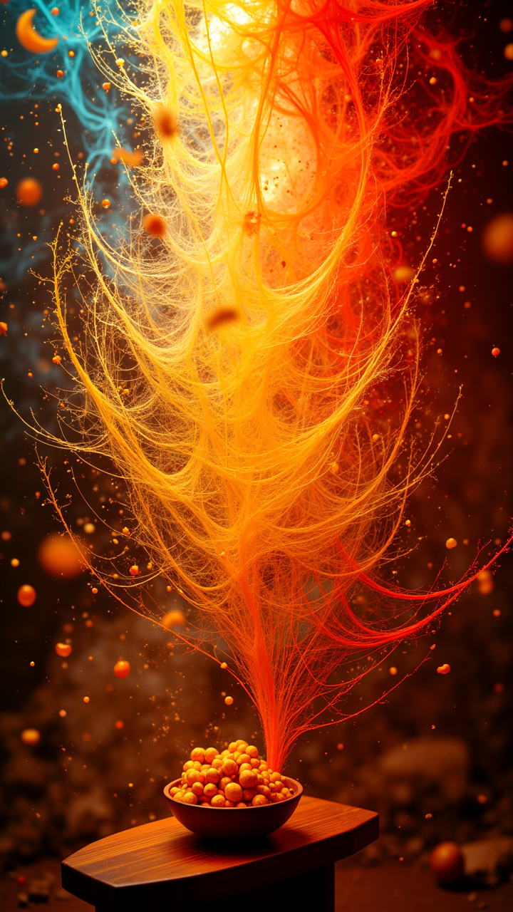RAW photo, a vibrant and intricate web of colors fills the screen, with swirling patterns of orange, yellow, and red dominating the scene. The camera zooms in on a small table, HDR, Fuji superi400, 50mm, aidmaimageupgrader