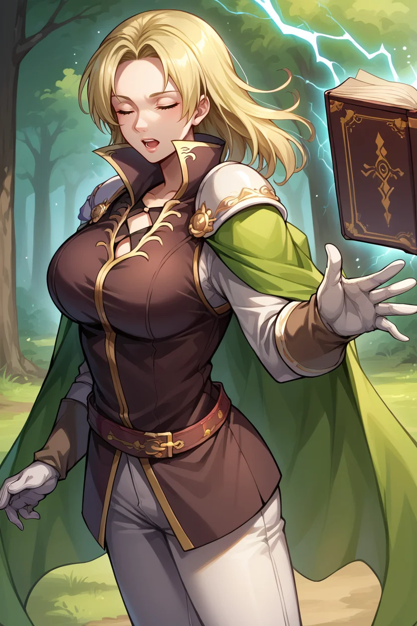 score_9, score_8_up, score_7_up, score_6_up, source_anime BREAK 1girl, solo, <lora:fe8selena-pdxl-nvwls-v1-000005:1> feSelena, blonde hair, long hair, brown tunic, green cape, white gloves, shoulder armor, belt, white pants, brown boots, holding book, outstretched hand, thunder magic, closed eyes, open mouth, forest, lightning, big breasts