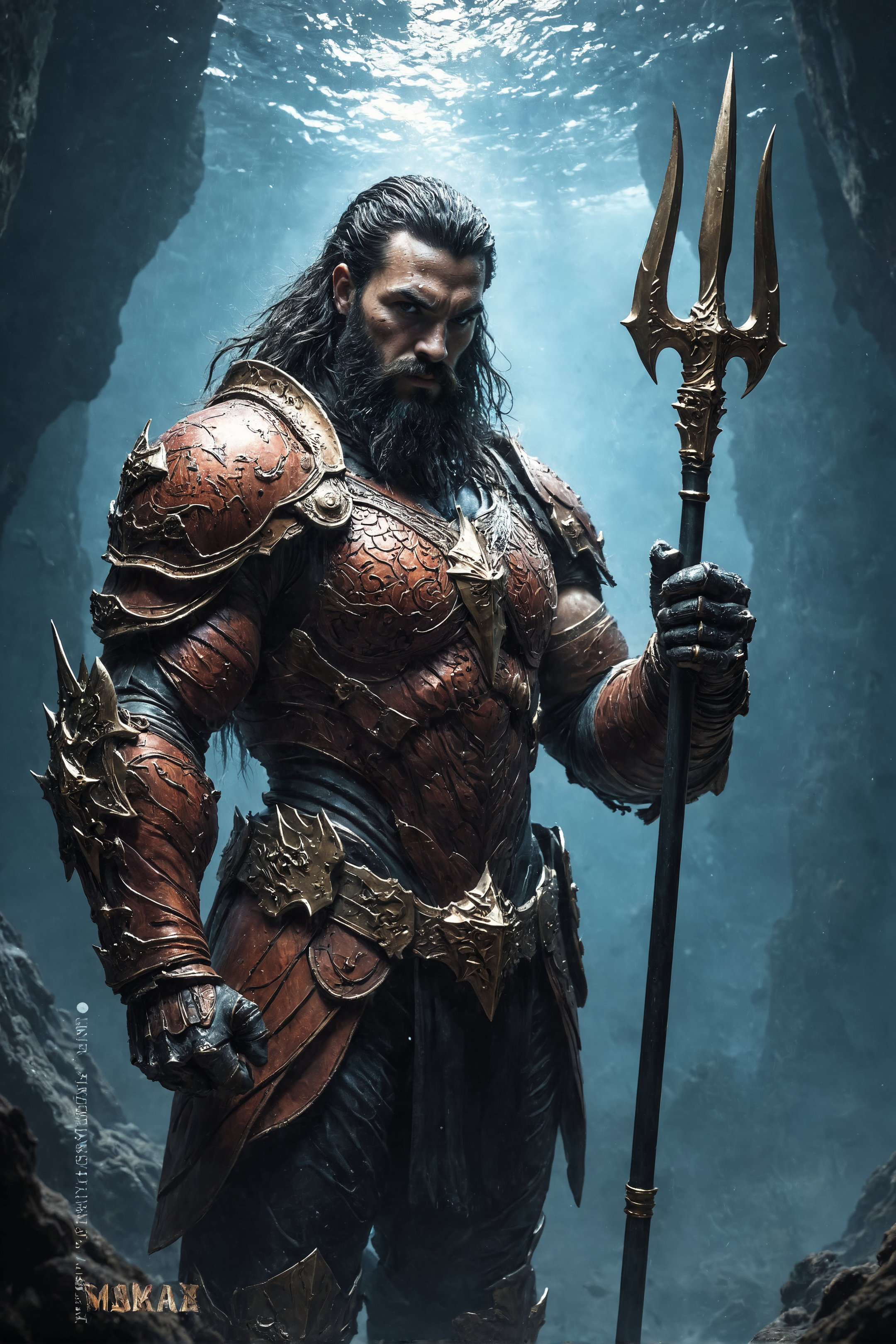 A portrait of Aquaman wearing armor and holding trident, under water kingdom, life under water, dynamic pose, cinematic,,<lora:FredFraiStyle-FLUX-Share>,