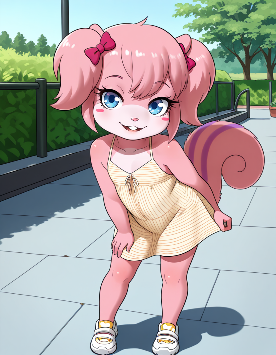 masterpiece, best quality, very aesthetic, absurdres,
outdoors,
full body, seductive smile, parted lips, long eyelashes,
 <lora:Twiggy_v01_NAIXL:1>
Tw166y,1girl,solo,furry,furry female,squirrel girl,pink hair,squirrel ears,short hair,twintails,hair bow,blue eyes,blush stickers,animal nose,buck teeth,body fur,pink fur,squirrel tail,