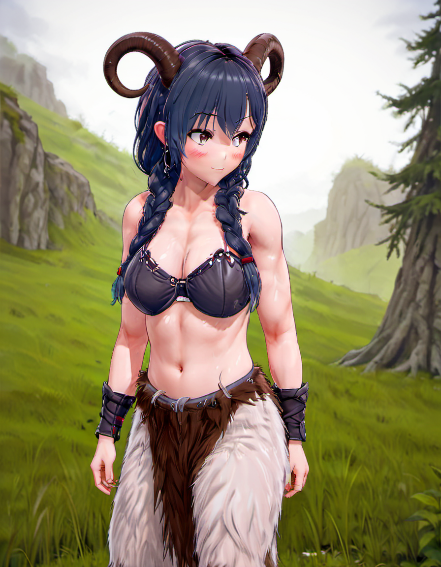 <lora:Futaba_Fukuyama:.8> Futaba,, 1girl, solo, standing, full body, leather bra, single braid, hair over shoulder,  BREAK <lora:RPGSatyrXL:.6>, satyr, animal ears, curled horns, pointy ears, earrings, fur, standing on a grassy hill,  hooves, long hair, fur trim, goat horns, looking at viewer, muscular, navel,  sheep ears, tail, tattoo,