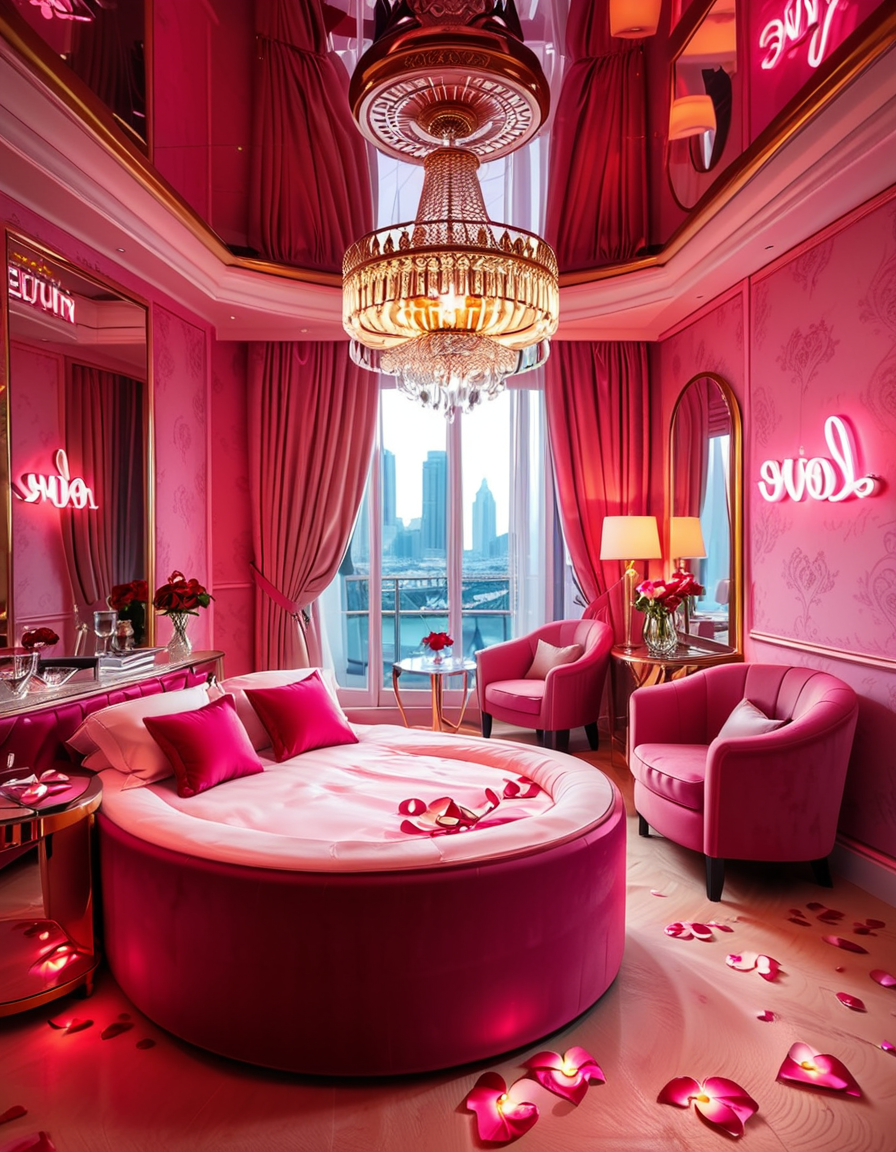 A luxurious, stylish love hotel room,love hotel r00m with a romantic and intimate atmosphere. The room features a large, round king-sized bed with silky red and black sheets, surrounded by soft, ambient lighting. Neon pink and purple LED lights illuminate the walls, creating a sensual glow. A plush velvet sofa sits near the bed, with a glass-topped coffee table holding champagne glasses and a chilled bottle of champagne. The ceiling has a large mirror, reflecting the entire room. On one side, thereâs a floor-to-ceiling window with sheer curtains, showing the night cityscape in the background. A modern jacuzzi tub with rose petals floating on the water is visible in the corner, surrounded by candles. The room has a sleek, modern design with a touch of opulence, including gold accents on the furniture and warm wooden floors. The lighting is dim and moody, emphasizing the romantic ambiance.
<lora:SDXLFaeTastic2400:0.4> <lora:extremely_detailed:0.4> extremely detailed, <lora:love_hotel_r00m:1>, Masterpiece,best quality,hi res,8k,hi res,8k,award winning,(sharp focus, intricate, highly detailed),