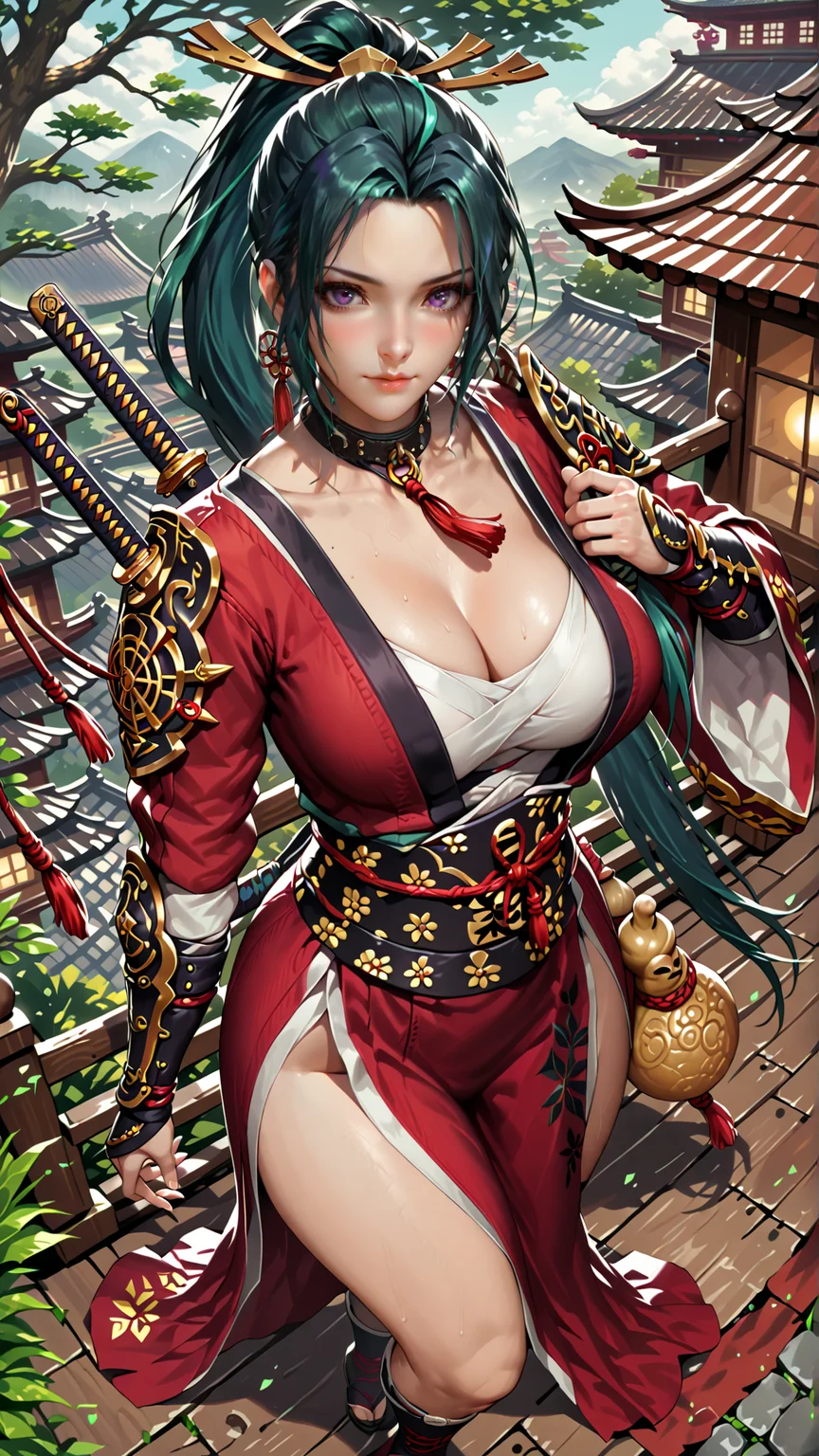 (zPDXL2), (((cowboy shot))), (((dynamic pose))), (((dynamic angle))), webtoon, anime, centered, 1girl, 1woman, gosk, samurai girl, [gourd], [katana], solo, teal ponytail hair, purple eyes, ((open red kimono)), big breasts, collar bone, sheath, outdoors, medieval fantasy, japanese village background,  <lora:sd_xl_dpo_lora_v1:1>, <lora:OMG-Is-DucHaiten_v1.0:0.1>,  <lora:gosk_PonyXL:0.8>