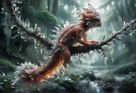 embedding:lazyup7, 1c3_w1n73r, chameleon made of ice, sitting on branch, close-up, burning forest <lora:Varos_-_Ice_Style:1> <lora:Challenge_Winnifier_2025-05:0>