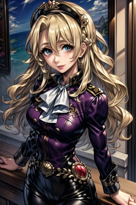 masterpiece, Lily Kokoschka , best quality, best quality, ultra-detailed, highres,sharp focus,(ultra detailed,extremely detailed), 1girl,(masterpiece, best quality), LilyKOKOSCHKA, 1girl, solo, long hair, blonde hair, hair between eyes, uniform, ascot, wavy hair, eyes visible through hair, white ascot, riding pants, hungry clicker, Pointing, Commanding
