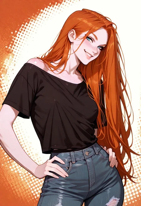 masterpiece, best quality, 32k, high resolution, absurdres, Ginger, GingerRH, Very long ginger hair, straight hair, parted bangs, freckles, chest freckles, blue eyes, pale skin, small breasts, pinup pose, posing, abstract background, orange tint, aesthetic, black off shoulders t-shirt, nipple peek, denim pants, cowboy shot, parted lips, hand on hips, smile, closed mouth, front view