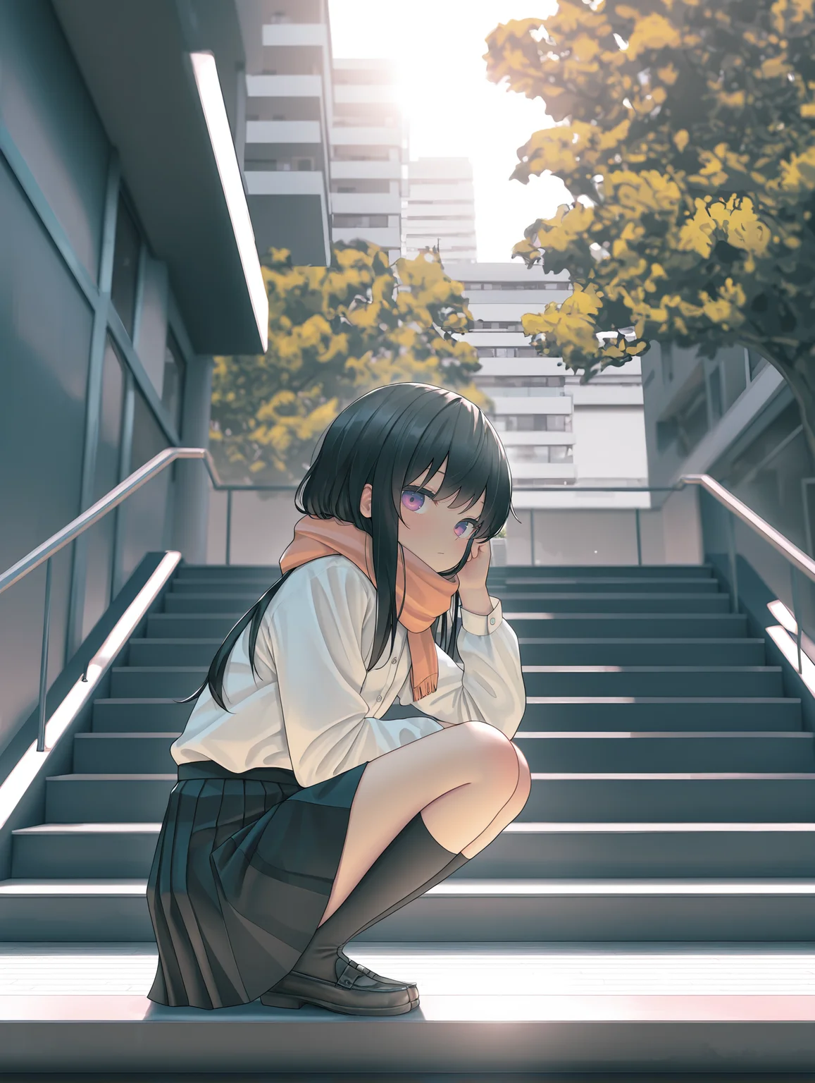 moody lighting,strong lighting,soft lighting, (nj \(imnj\):1.4), (chen bin:1.2),(nep,zukky000:0.4),(qizhu:1.1) niji style, 1girl, black hair, black skirt, blurry, blurry background, building, buttons, squatting, cityscape, day, depth of field, from side, hand up, kneehighs, long hair, long sleeves, looking at viewer, outdoors, pleated skirt, purple eyes, scenery, school, scarf, shirt, sitting, skirt, socks, solo, stairs, table, tree, white shirt, wide shot
,masterpiece,best quality,amazing quality,
