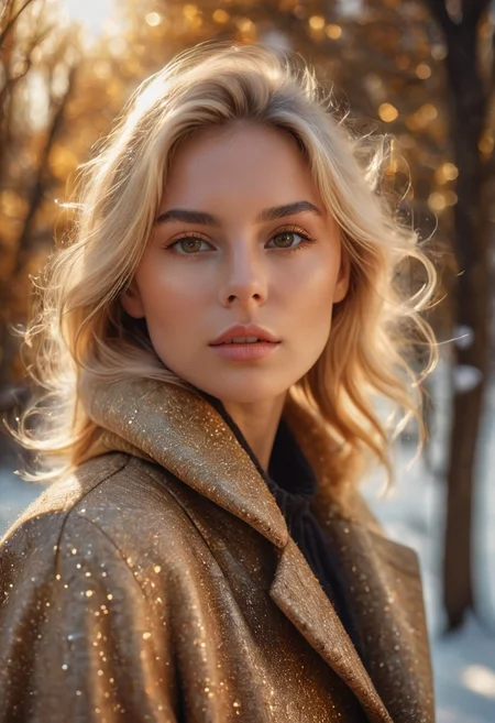 RAW Photograph, closeup portrait, winter landscape, elegant, absolutely breathtaking blonde beauty, she is wearing a stylish winter coat, gldnglry, dramatic composition, cinematic, smokey, atmospheric, magical realism, raytracing, sharp focus, 8k, bokeh, hdr, masterpiece, photography, dslr, kodachrome, 35mm photograph, analog film, professional, highly detailed