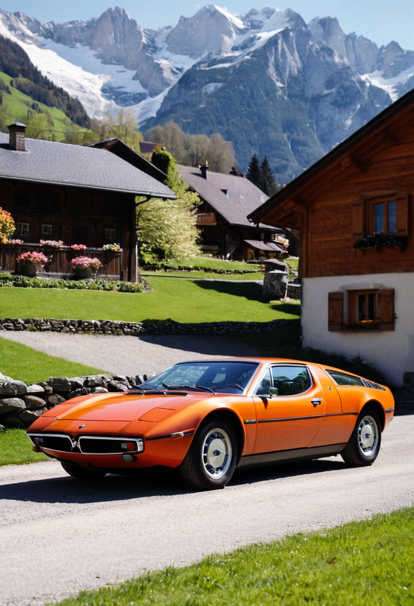 ClassicSportsCar, gleaming orange Maserati Bora, side front view, lawn, Swiss Alps mountain village in background, sunny spring afternoon, 4K, highly detailed, (stylish grainy analog 35mm film photo)