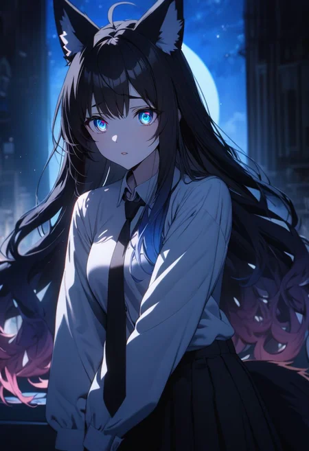 gorgeous lips, cinematic, (masterpiece), (best quality), (ultra-detailed), very aesthetic, illustration, perfect composition, intricate details, absurdres, detailed face, (anime, masterpiece, intricate:1.3), (best quality, hires textures, high detail:1.2), (4k),(incredibly detailed:1.4) 
(detailed light), thin eyebrows, masterpiece, big fox ears, (((blue inside hair))), shiny hair, (black_hair :1.7), (dark_blue_hair :1.2), (gradient hair :1.5), blue flower hair ornament, ahoge, (((long hair))), shy, black and white, straight black fox ears, fluffy fox ears, big pointed fox ears, black fox ears with white inside, pastel dark blue eyes, dark blue eyes, ((white tips)), ((black tails)), short, petite, pale skin, small chest,  detailed lighting, detailed eyes, detailed lighting, detailed eyes, detailed fabric, detailed skin, beautiful eyes, sun light particles
full moon, night, sparkling eyes looking up to the moon, shocked, plain white buttoned shirt, black pleated skirt, black neck tie, cowboy shot, remote shot, arms resting on the side ,mksks,NEON COLOR, LOFI COLOR