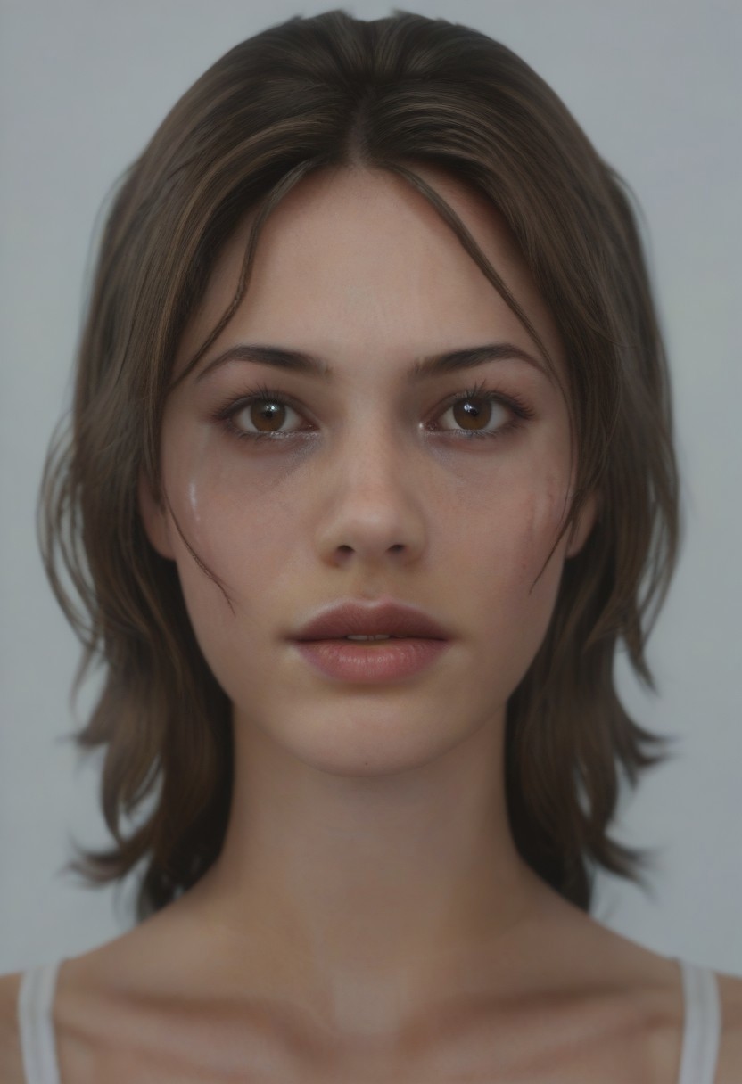 score_9, score_8_up, score_7_up, realistic photo of dbrhrpr, 20-year-old 1girl, unique angle, unique framing, close-up,  face focus, (looking at viewer), parted lips, 1girl, brown eyes, brown hair, messy hair, by loish, masterpiece, lips parted, slim figure, petite, (simple background, white background), side lighting, warm lights