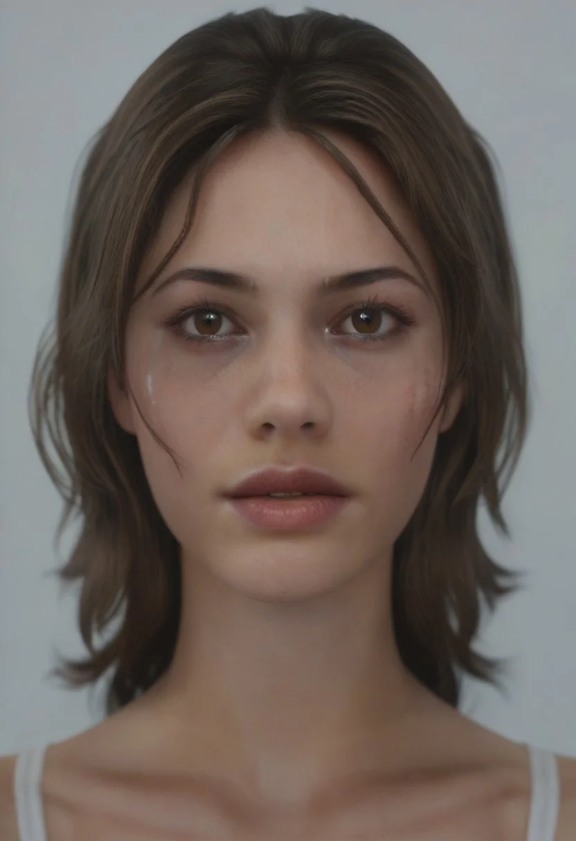 score_9, score_8_up, score_7_up, realistic photo of dbrhrpr, 20-year-old 1girl, unique angle, unique framing, close-up, face focus, (looking at viewer), parted lips, 1girl, brown eyes, brown hair, messy hair, by loish, masterpiece, lips parted, slim figure, petite, (simple background, white background), side lighting, warm lights