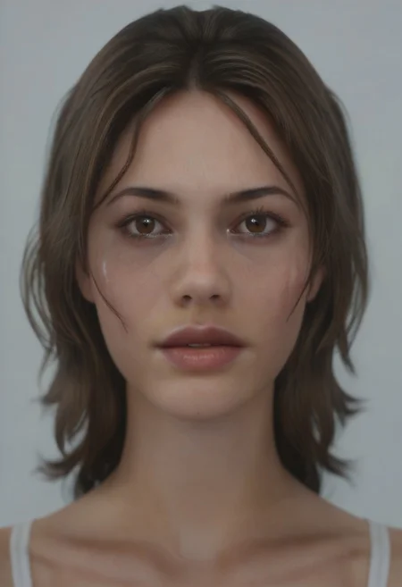score_9, score_8_up, score_7_up, realistic photo of dbrhrpr, 20-year-old 1girl, unique angle, unique framing, close-up, face focus, (looking at viewer), parted lips, 1girl, brown eyes, brown hair, messy hair, by loish, masterpiece, lips parted, slim figure, petite, (simple background, white background), side lighting, warm lights