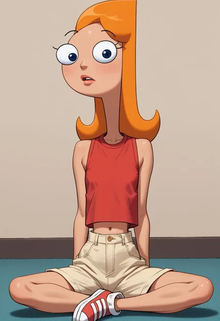 score_9, score_8, score_7, score_6, rating_questionable, Candace, 1girl, cartoon, orange hair, tan shorts, red shirt, sitting on the floor, sexy pose, flat chest, flat breasts