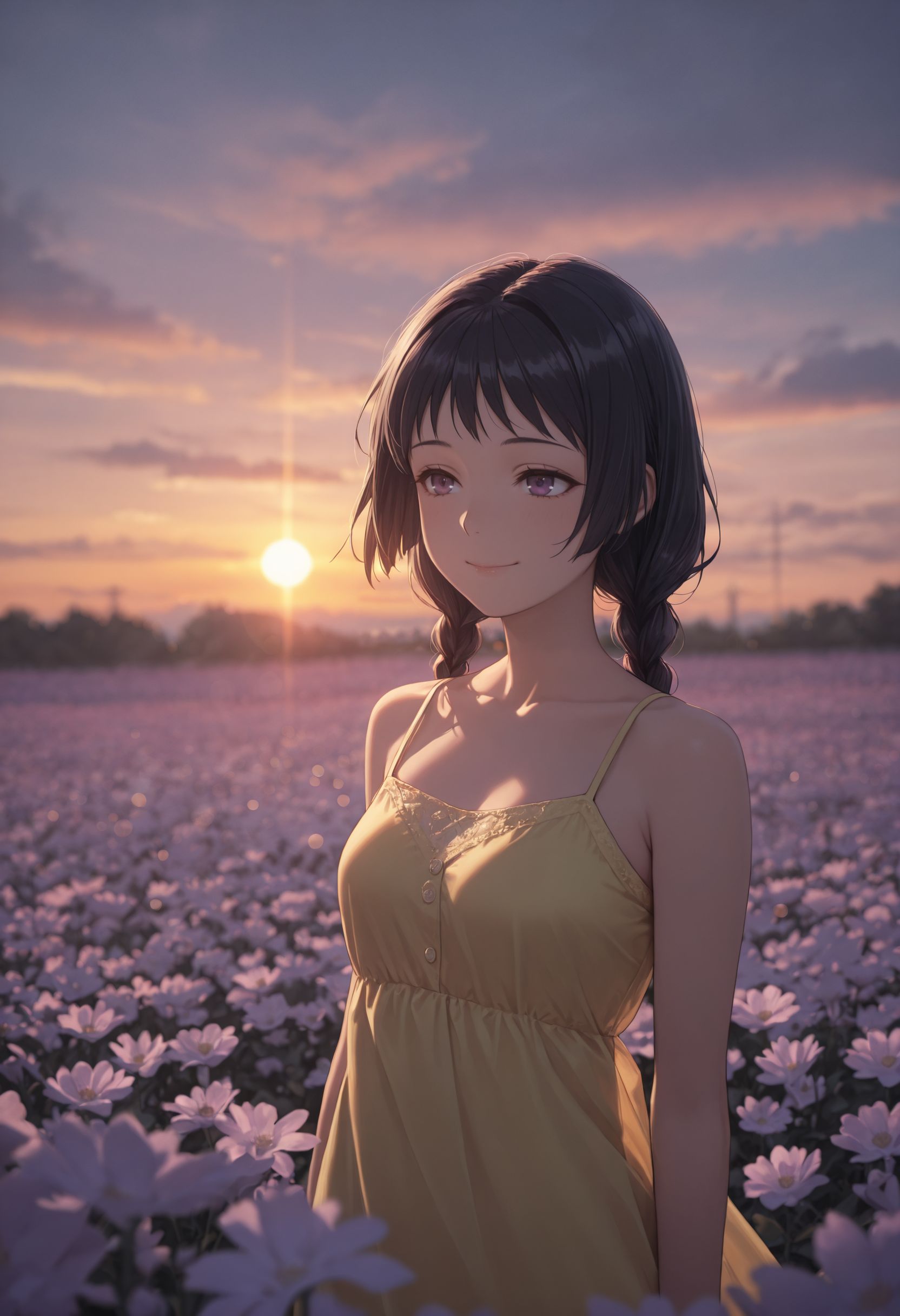 masterpiece,best quality,absurdres,highres,very aesthetic,high quality,detailed,insanely detailed,beautiful,perfect lighting, ,depth of field,blurry background,bokeh, 
 <lora:Awatsuki Maaya illu:1> 1girl, black hair, long hair, braid, twin braids, purple eyes,  smile, 
yellow sundress, spaghetti strap, bare shoulders, outdoors, sunset, cloud, flower field