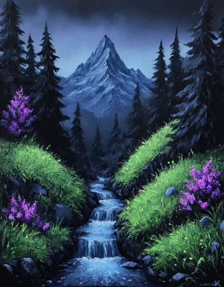 novuschroma49 style Misty Mountain Hop as a painting on black canvas <lora:novuschroma49 style_2:1>