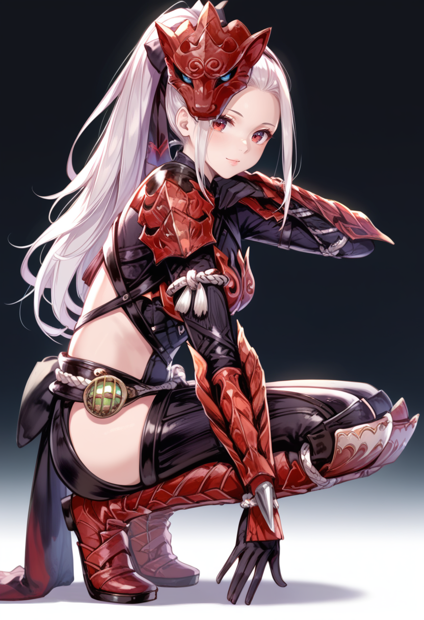 (score_9:0.9),score_8_up,score_7_up,anime style,rating_safe,(zPDXL),<lora:Odogaron Armor Beta ponyXL v1:0.86>,odogaron beta armor,red mask,red gauntlets,red thighboots,1girl,long hair,red eyes,blue eyes,solo,very long hair,looking at viewer,white hair,squatting,ponytail,white background,full body,simple background,medium breasts,black bow,