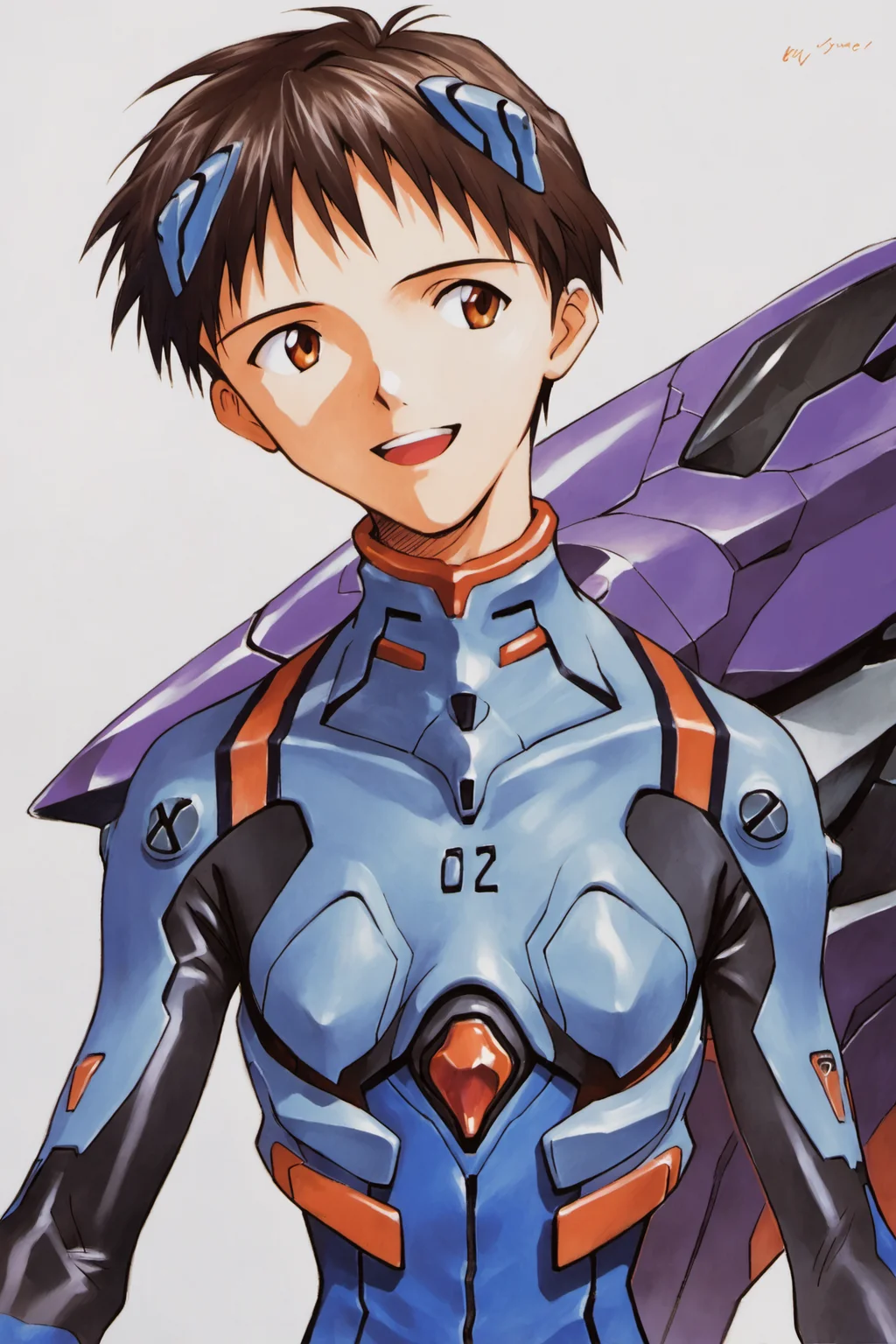 1boy, plugsuit, male focus, ikari shinji, pilot suit, interface headset, bodysuit, eva 01, mecha, smile, robot, open mouth, upper body, brown eyes, gloves, evangelion (mecha), headgear, science fiction, turtleneck, :d, teeth, bracer, bangs, brown hair, white background, solo,  signature, short hair, looking to the side, upper teeth only, traditional media, black hair, blue bodysuit, simple background,score_9,score_8_up,<lora:Sadamoto Yoshiyuki_XL_PONY:0.9>,