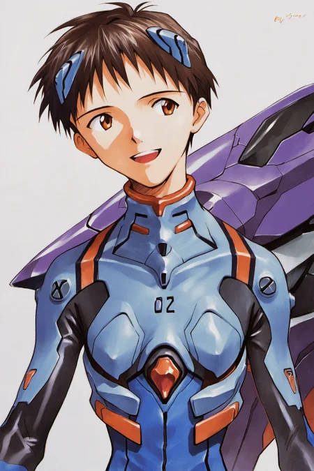 1boy, plugsuit, male focus, ikari shinji, pilot suit, interface headset, bodysuit, eva 01, mecha, smile, robot, open mouth, upper body, brown eyes, gloves, evangelion (mecha), headgear, science fiction, turtleneck, :d, teeth, bracer, bangs, brown hair, white background, solo, signature, short hair, looking to the side, upper teeth only, traditional media, black hair, blue bodysuit, simple background,score_9,score_8_up,<lora:Sadamoto Yoshiyuki_XL_PONY:0.9>,