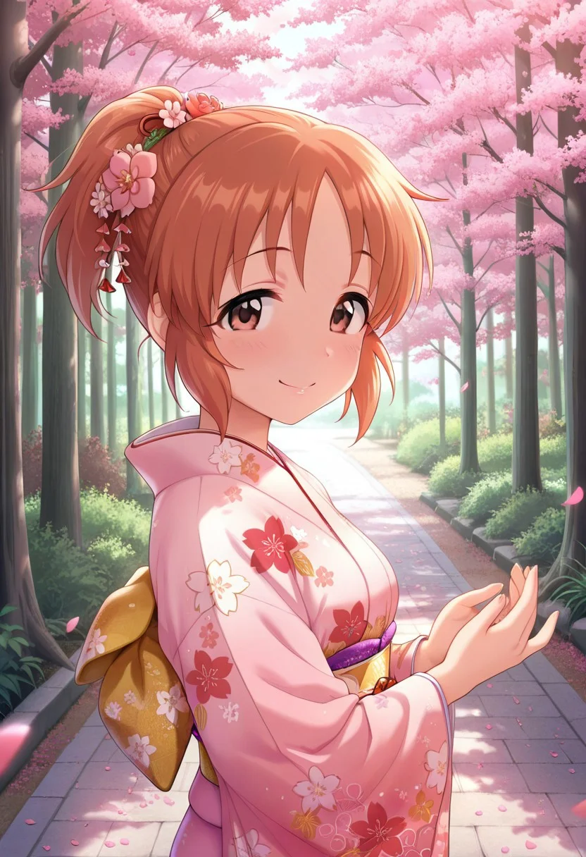 masterpiece,best quality,amazing quality, abe nana, brown hair, brown eyes, ponytail, 1girl, solo, hair ornament, japanese clothes, kimono, petals, tree, smile, hair flower, floral print, flower