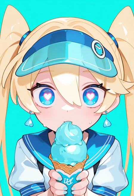 masterpiece, best quality, amazing quality, very aesthetic, absurdres, newest, scenery, , 1girl, solo, earrings, blonde hair, ice cream, jewelry, food, symbol-shaped pupils, long hair, heart, heart-shaped pupils, ice cream cone, looking at viewer, blue eyes, simple background, visor cap, holding, blue background, holding ice cream, upper body, holding food, aqua background, twintails, hair between eyes, sphere earrings ,cielina