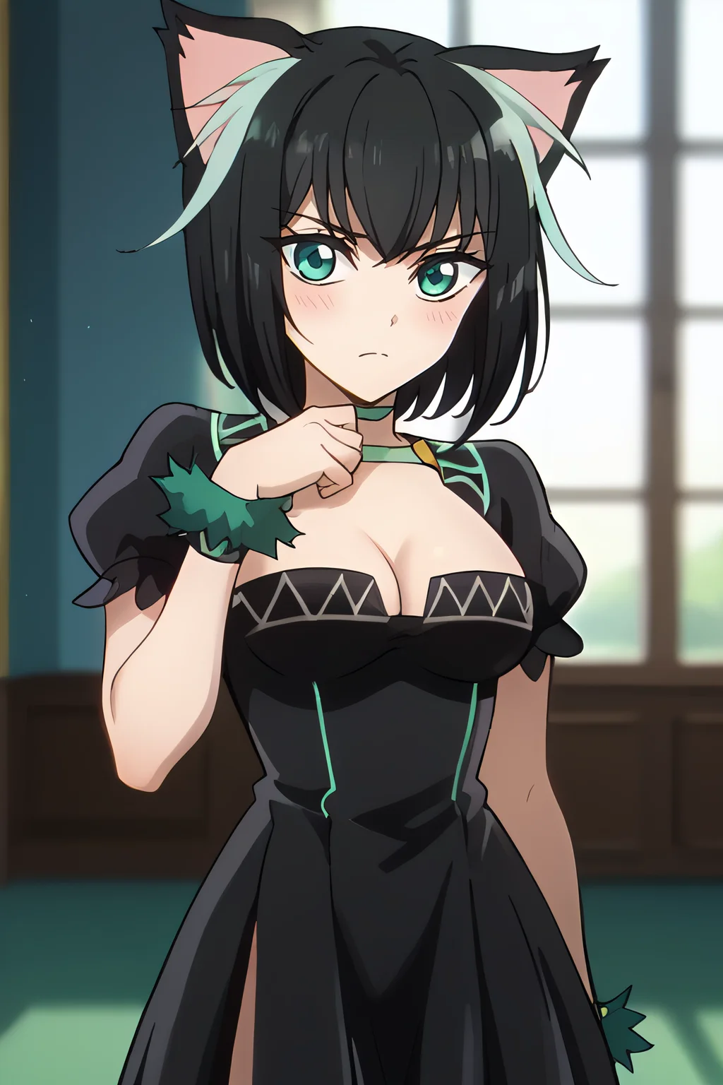 score_9, score_8_up, score_7_up, rating_explicit, source_anime, <lora:StS_detail_slider_v1:3>, <lora:age_slider_v4:-1>,detailed skins, body blush,cowboy shot, perfect curyv medium breasts, highly detailed, body blush,cowboy shot, looking at viewer, perfect eyes,perfect hands, sidelocks, <lora:Tama__Matilda_Isekai_Shikkaku:1>,tama,cat ears,animal ear fluff, multicolored hair, two-tone hair,black hair,light green hair, bangs, short hair,aqua eyes,medium breasts,tamadress,light green choker,black dress, puffy short sleeves,cleavage,clothing cutout, fur-trimmed wrist cuffs, zettai ryouiki, black legwear,standing,