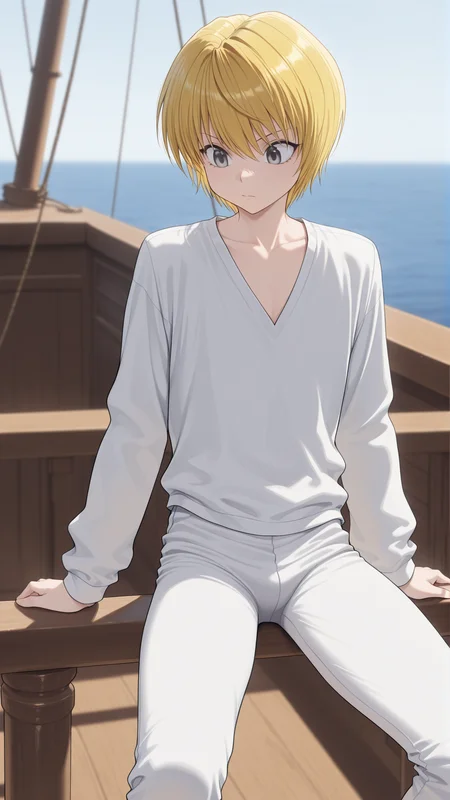 masterpiece, best quality, amazing quality, 1boy, solo, <lora:IlluKurapika:1> illukurapika, blonde hair, short hair, grey eyes, white long sleeves, white pants, sitting, on ship, on railing, white shirt, collarbone, v-neck,
