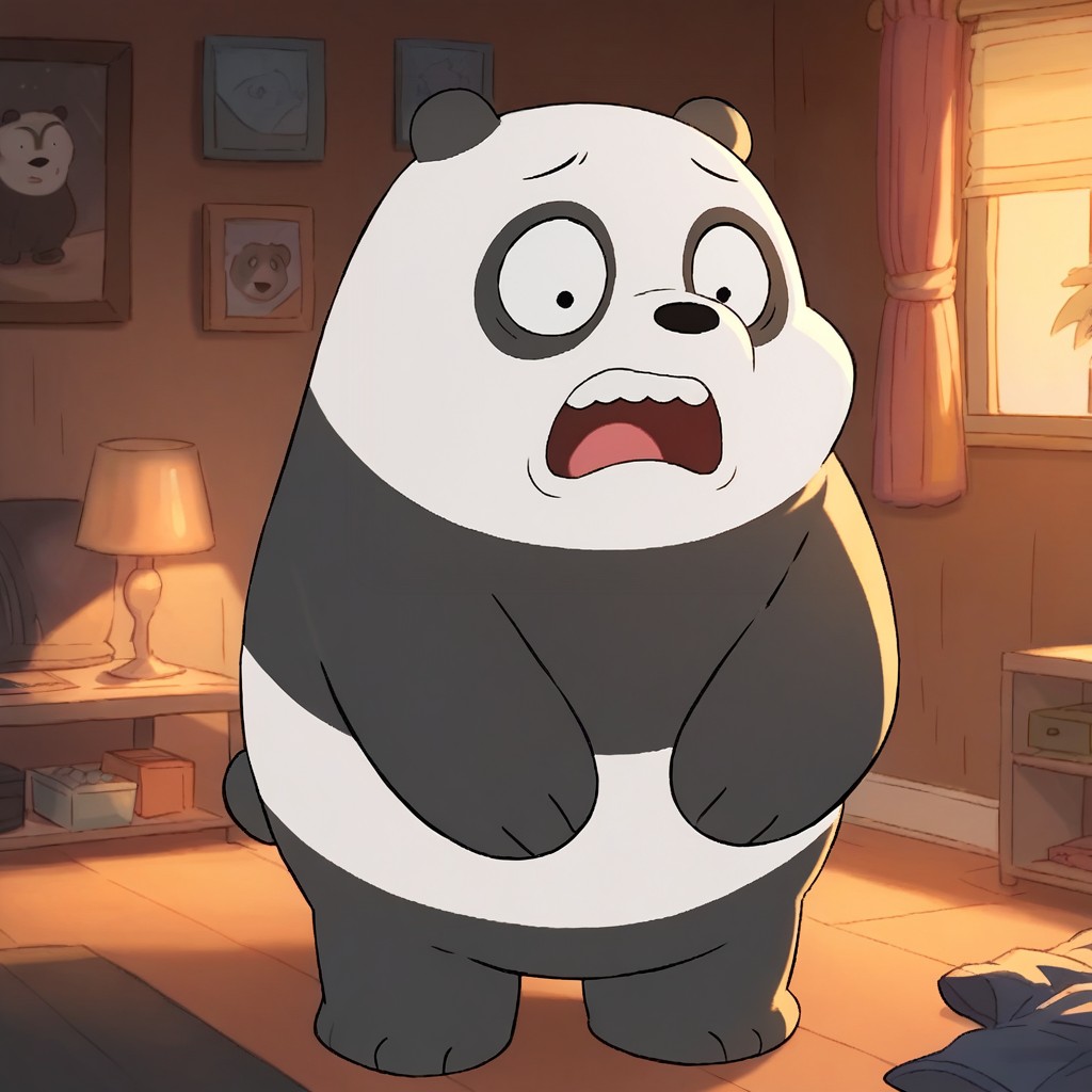 score_9, score_8_up, score_7_up, panpan, anthro, furry male, solo, panda bear, black fur, white fur, two-tone fur, black nose, dot eyes, paw pads, standing, wide eyed, shocked, indoors, living room