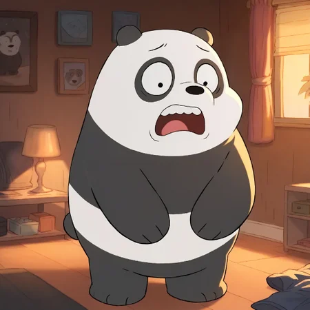 score_9, score_8_up, score_7_up, panpan, anthro, furry male, solo, panda bear, black fur, white fur, two-tone fur, black nose, dot eyes, paw pads, standing, wide eyed, shocked, indoors, living room