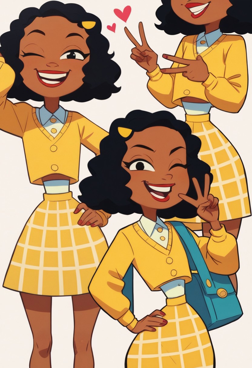 score_9, score_8_up, score_7_up, 1girl, solo, Ashley B RC, cute, smile, smug grin, open mouth, half open eyes, cute squint, black eyes, dark skin, black hair, yellow hair ornament, red lipstick, yellow sweater, white under shirt, plaid yellow skirt, narrow waist, wide hips, flat chest, upper body, standing, looking at viewer, white background, simple background, heart, one hand up, v, hand on hip, wink, flat color, highres, high quality, masterpiece,
