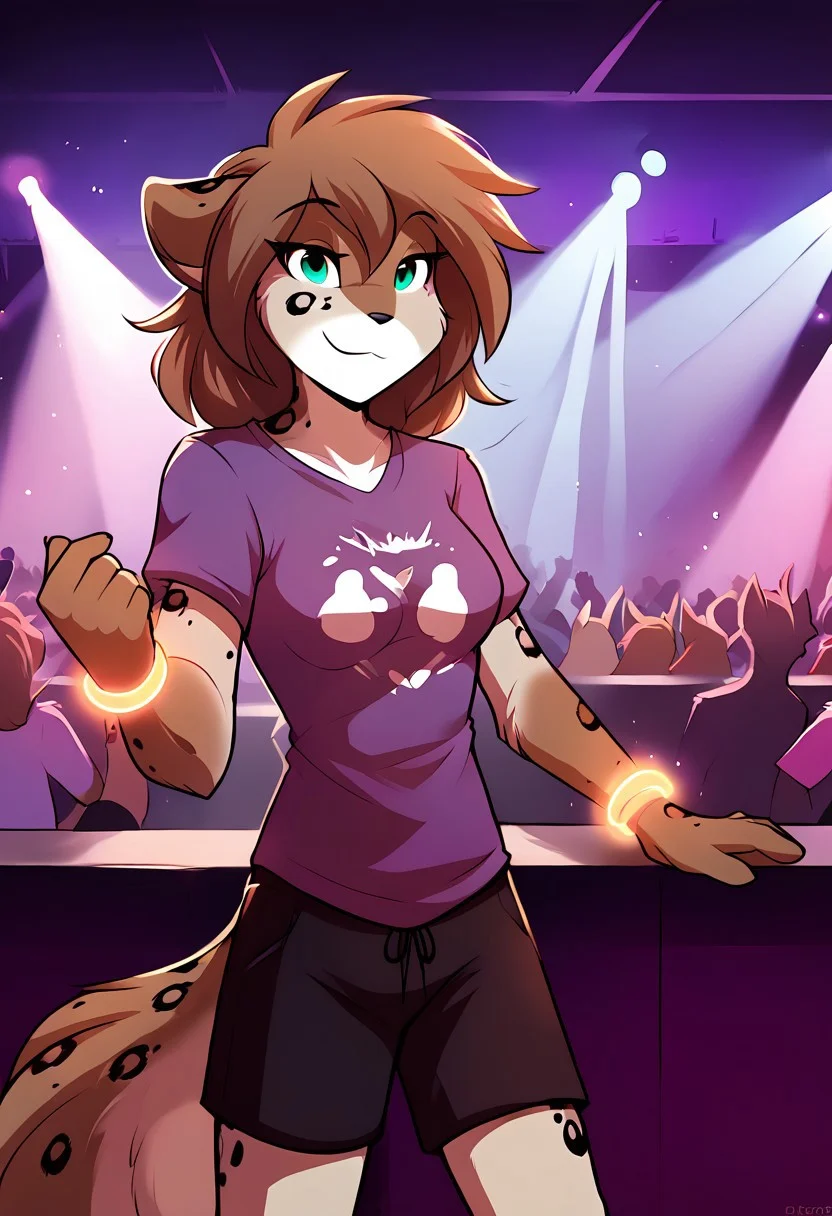 score_9, score_8_up, score_7_up,score_6_up,score_5_up, source_furry
BREAK
solo, furry female anthro, medium hair, medium breasts, (cute, seductive), purple T-shirt, black shorts, luminous bracelets, (indoors, standing), upper body shot, Dancing, TomFischbeck, crowd, nightclub, rave, spotlights, ultraviolet light, crowded
BREAK
<lora:Kathrin-Twokinds-SDXL-AnonTK-V1:1>, kathrin-twokinds, keidran, mammal, canine tail, teal eyes