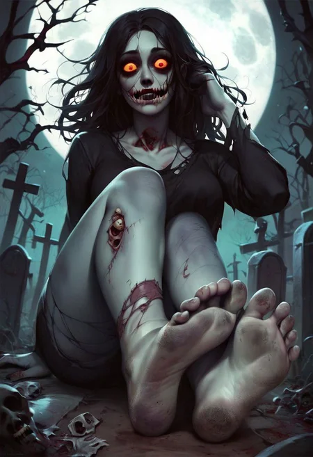 score_9, score_8_up, score_7_up, score_6_up, score_5_up, score_4_up,source_anime, 2d anime, zombie, zombie woman, zombie slut, sexy zombie, motion, erotic, porn, horror, dead eyes,, graveyard, night, full moon, sitting, showing feet, perfect feet, perfect soles, dirty feet