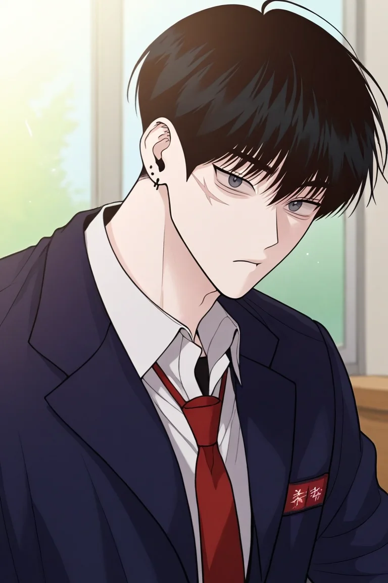 score_9, score_8_up, score_7_up,score_6_up,score_5_up,score_4_up,source_anime,BREAK, rating_safe, intricate details , , , anime screencap, anime coloring, official style, depth of field,1boy, solo, male focus , , , <lora:goo_yoon_won:0.93>,goo yoon won,black hair,grey eyes,short hair,bangs,scar,looking at viewer,closed mouth, shirt,school uniform, jacket, white shirt,expressionless,upper body,necktie,earring, piercing,right ear bare,collared shirt, blue jacket,open jacket,portrait, red necktie,lens flare , , , <lora:sdxl_lightning_8step_lora_315544:1>