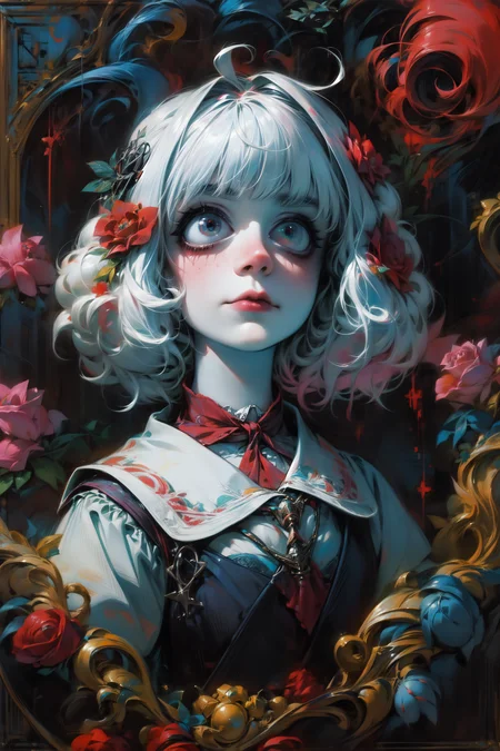 (abstract art:1.2), fractal art, psychedelic art, (style of Yuko Shimizu:1.1), red theme, dark theme, 1girl, roses, hair ornament, somber expression, dark blue accent, masterpiece, best quality, ultra high res, award-winning art, highly detailed, beautiful, aesthetic, Inverted Bob with Fringe,((best quality, masterpiece, extreme details):1.2) ((detailed eyes, detailed face):1.2), egirlmakeup <lora:add_detail:1> <lora:egirlmakeupv1:0.7> <lora:backlight_slider_v10:1> <lora:skin_tone_slider_v1:-4>  <lora:detail_slider_v4:2> <lora:eye_size_slider_v1:5>
