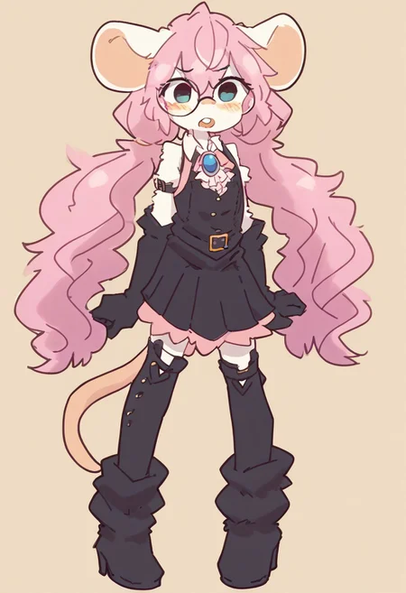 score_9, score_8_up, score_7_up, score_6_up, best quality, masterpiece, (absurdly high resolution:1.4), standing, (short, diminutive, smol), ((anthro, mouse:1.2), brown body, white body, buckteeth, female, flat chested, slim, thin, petite), (large round glasses, skirt, puffy sleeves, tie, shoulder straps, elbow gloves, brooch, frills, pants, thighhighs, high heels, paw boots, furgonomics, thigh high boots, pink clothes, black clothes), cute, adorable, (floor-length hair, extremely long hair, twintails, hair between eyes, crossed bangs, hair, fluffy hair, thick hair, pink hair), (timid, blush lines), solo, dynamic pose, simple background, young