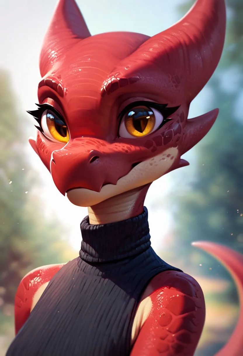 (((beautiful, high quality))), upper Body, score_9, score_8_up, score_7_up,
Kobold, furry dragon, tail, short stature, 1girl, red scales, yellow eyes, black sleeveless turtleneck,
looking at the viewer, posing,
blurred background,