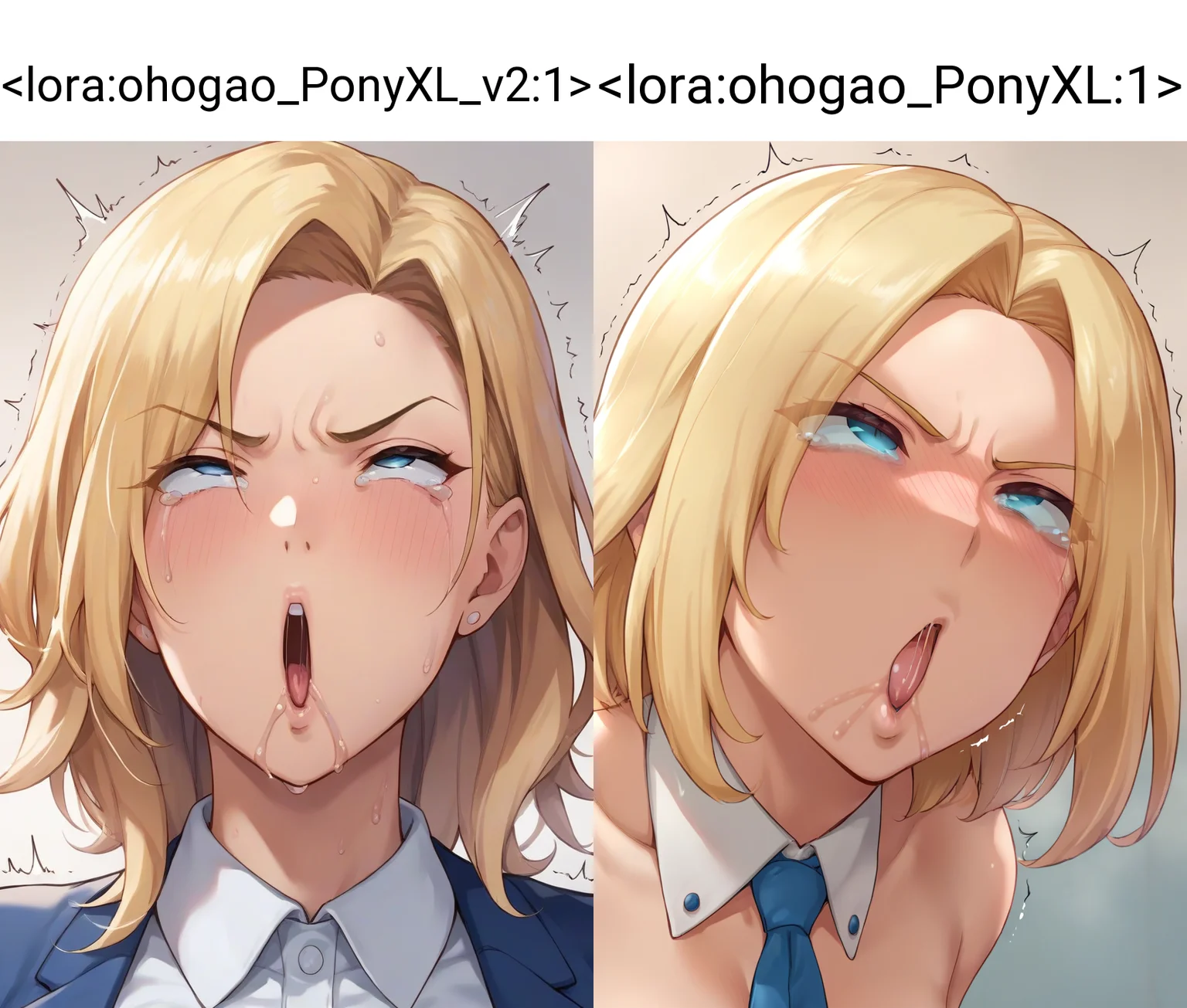 source_anime,mature female, score_7_up, mature female, masterpiece, 1girl, collared shirt, blonde hair, blue eyes , parted bangs, medium hair, focus on face, <lora:ohogao_PonyXL_v2:1> , ohogao, teary-eyed, drool, half-closed eyes, trembling, rolling eyes, open mouth, frown, angry