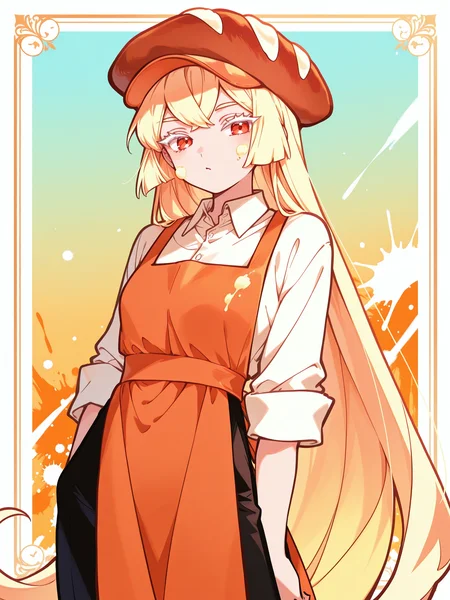 <lora:CR_BPC:1> CR_BPC, 1girl, very long hair, bread cabbie hat, collared shirt, sleeves rolled up, black pants, orange apron, food on face, <lora:cfg_scale_boost:0.5> [lazypos], inset border, cowboy shot, paint splatter, looking at viewer, gradient background, watercolor background, <lora:spo_sdxl_10ep_4k-data_lora_webui:0.4> <lora:retrocute:1>, dynamic pose, white eyelashes, <lora:omoyunakyu715-_style_Illustrious:0.3> omoyu_nakyu715