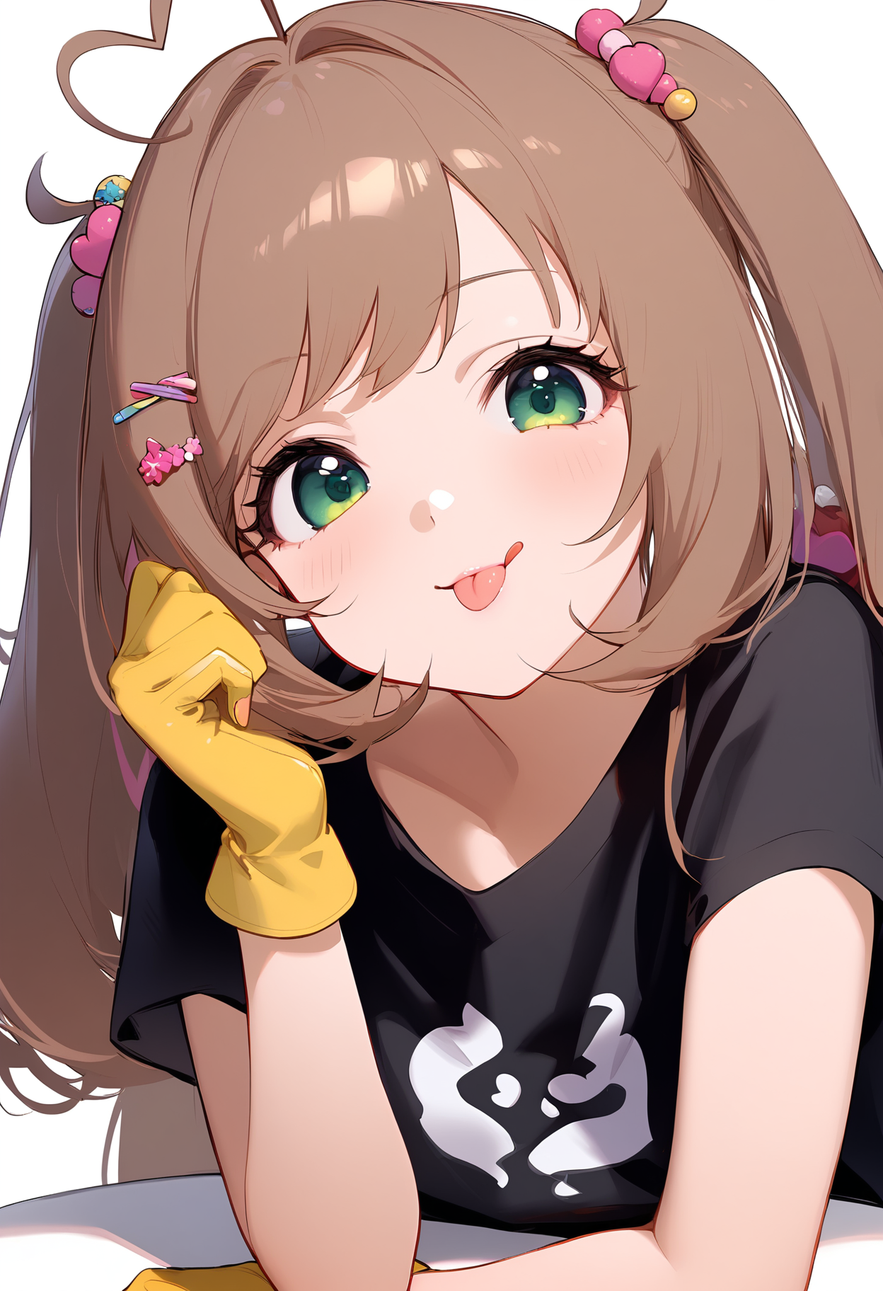 1girl,
sato shin,


solo, blush, looking at viewer, white background, smile, shirt, :p, swept bangs, gloves, hand on own face, twintails, short hair, black shirt, head tilt, yellow nails, hand on own cheek, head rest, brown hair, elbows on knees, elbow rest, yellow gloves, tongue out, light brown hair, pink lips, close-up, heart, nail polish, t-shirt, hair ornament, simple background, closed mouth, heart ahoge, hairclip, tongue, ahoge,

sfw
<lora:a31_char_new_sato_shin-000016:1> <lora:a31_style_koni-000010:0.8>