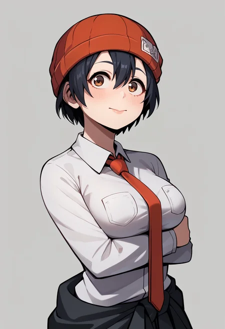 score_9, score_8_up, fukko, 1girl,solo,breasts,short hair,black hair,hat,brown eyes,necktie,beanie <lora:fukko-000008:1>