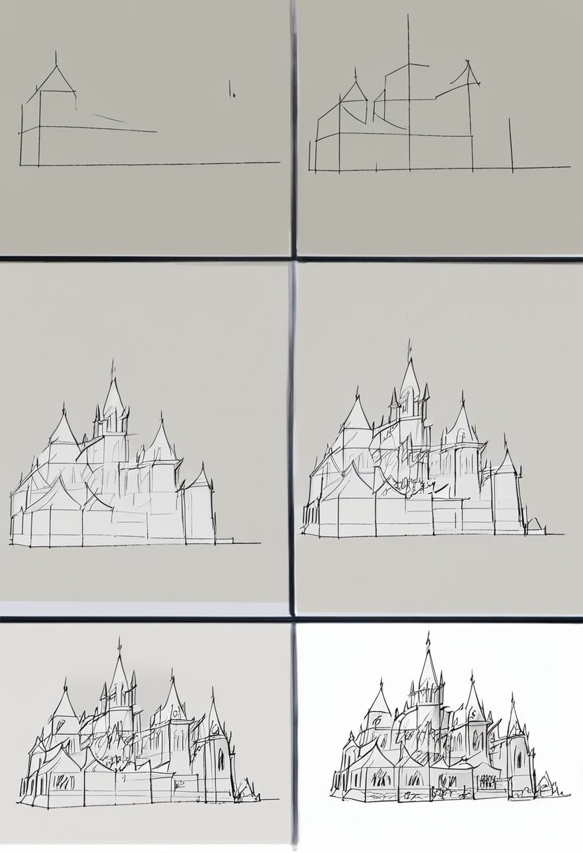 Score_9,  score_8_up,  score_7_up,  HTDSBS, 6 boxes, Mass drawing, sketch, raw, castle