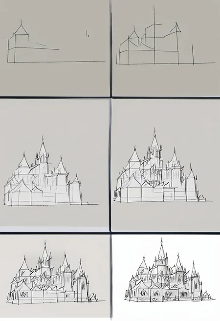 Score_9, score_8_up, score_7_up, HTDSBS, 6 boxes, Mass drawing, sketch, raw, castle