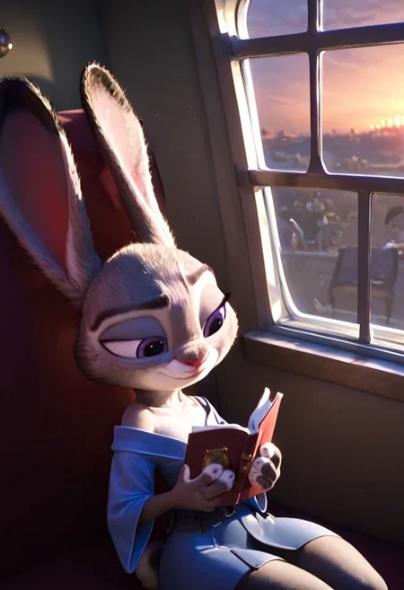 score_9, score_8_up, score_7_up judyhopps \(zootopia\), <lora:judyhopps-v2-ponyv6xl:1> , rabbit ears, curby, shortstack, rabbit girl, small breast, white fur, Expressiveh, volumetric lighting, ultra detailed, cinematic lighting, dramatic lighting, solo, solo focus,  sexy pose, sexy, seductive, smile, indoors, relax, relaxing, train, kimono, shadows, sunny, sunset,  (holding book with one hand), shadows, closeup, sit in a train, train cabin, train window background,  ((reading)), day,
