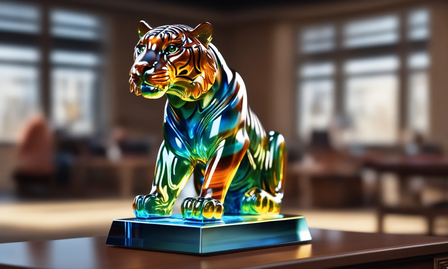 <lora:colouredglazecd_xl-000006:0.6>, a statue of a tiger made of glass in office scene, full body, colorful theme, (transparent:1.3, see-through:1.3), colouredglazecd_xl, indoors, chinese zodiac, wooden table, cutie, cute, still life, animal statue, front view, facing viewer, looking at viewer, (Unbelievable Digital Artwork:1.3), fine art, CGSociety, ArtStation, master works, 8K,HDR,UHD,masterpiece,best quality,highly detailed,emotional,harmonious,high budget,moody,epic,gorgeous,high resolution,perfect lighting,finely detail,extremely detailed,ultra detailed,realistic,photorealistic,huge filesize,photographic,real,wallpaper,moody lighting,volumetric lighting,reality ray tracing